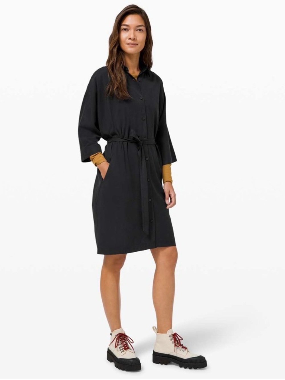 Lululemon Perfectly Poised Dress Black Shirt Dress Tie Waist Minimalist